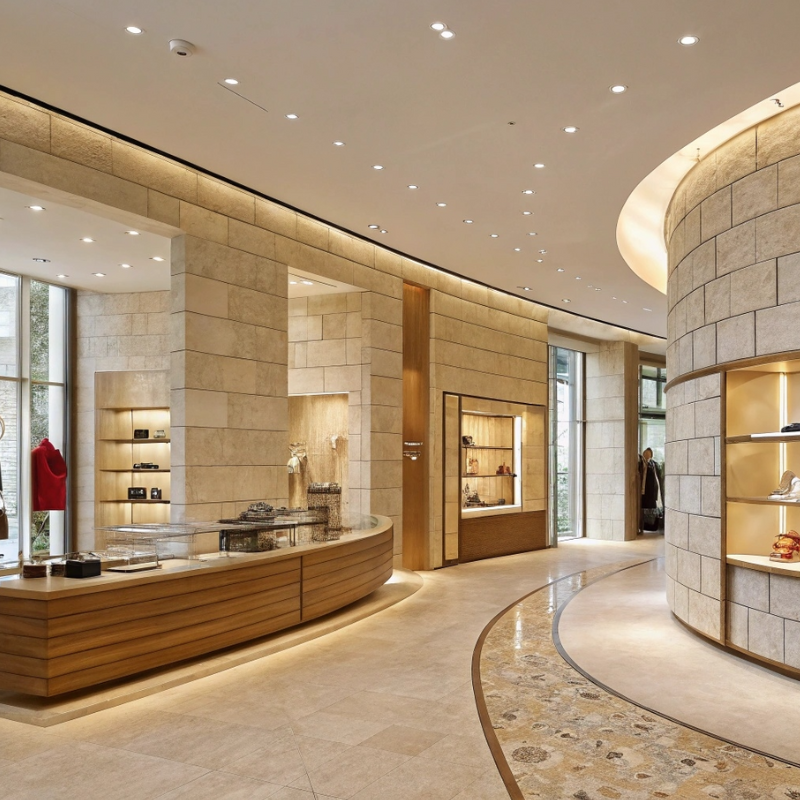 Boutique interior with curved soft stone panel wall]