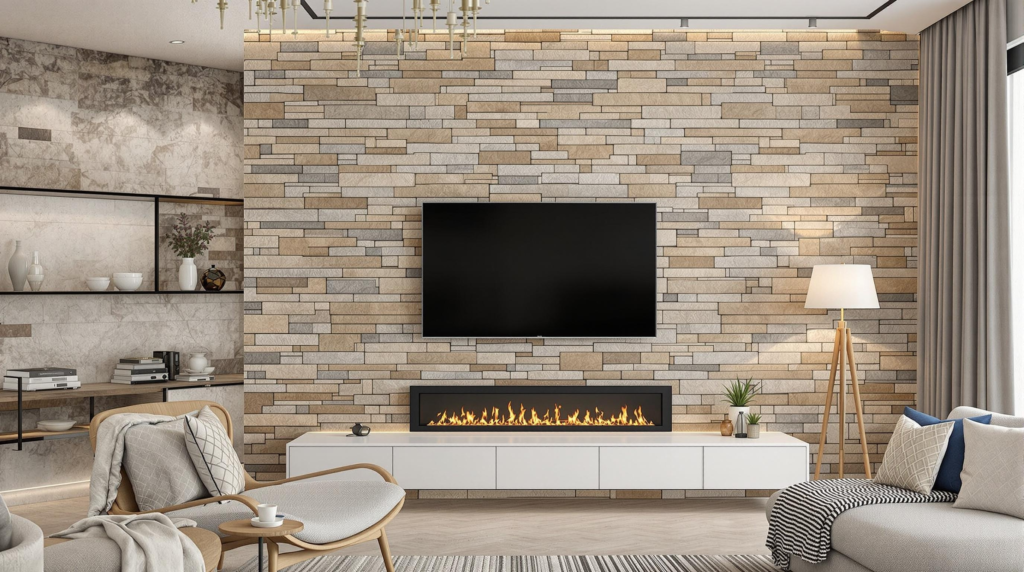 Close-up of flexible stone wall panels enhancing a contemporary living space