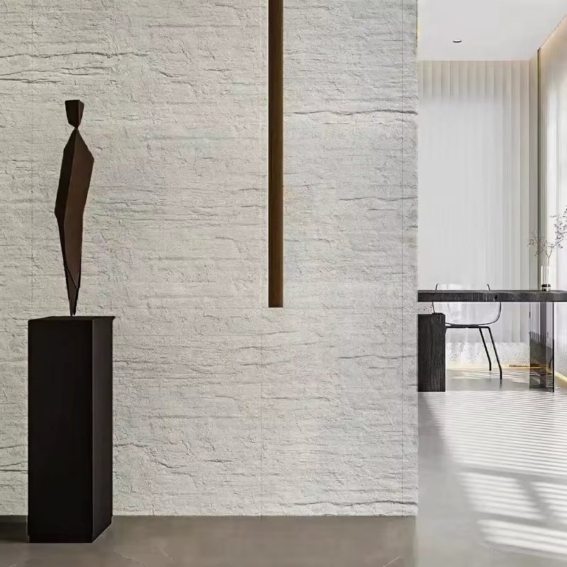 Sleek lobby with eco-friendly flexible stone veneer on curved wall