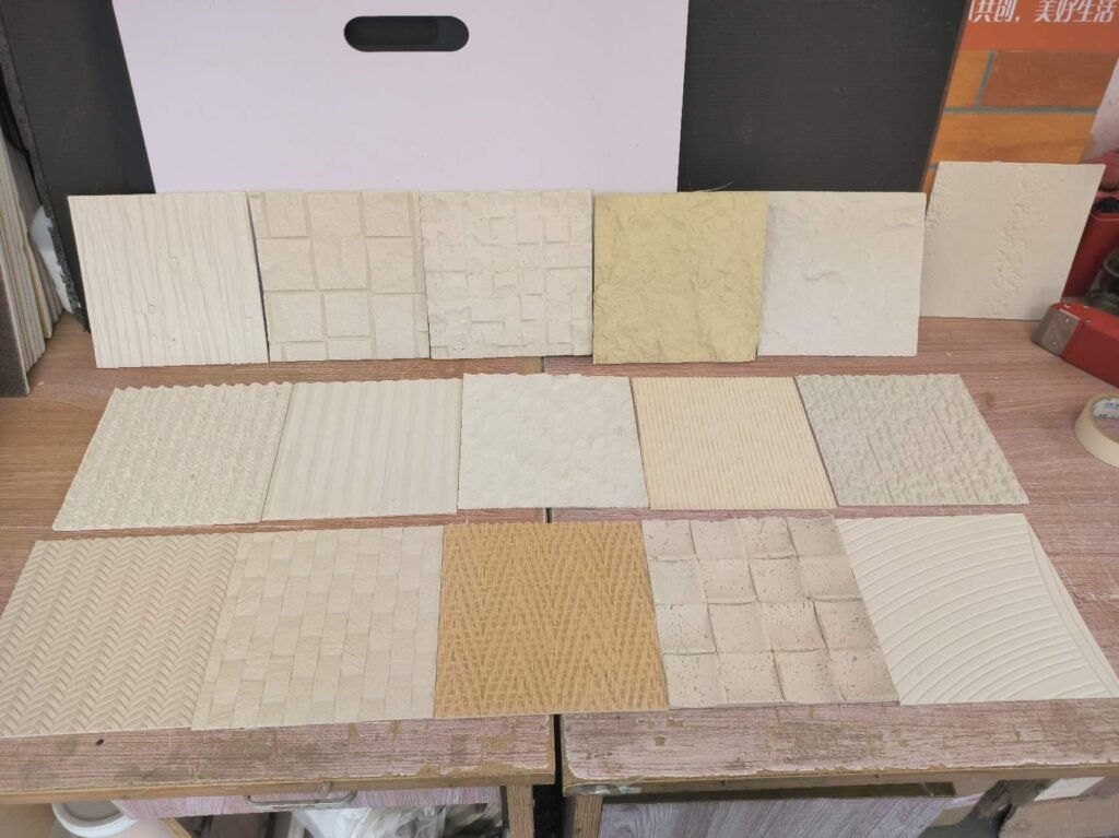 Interior designer selecting from diverse flexible stone panel options for commercial application