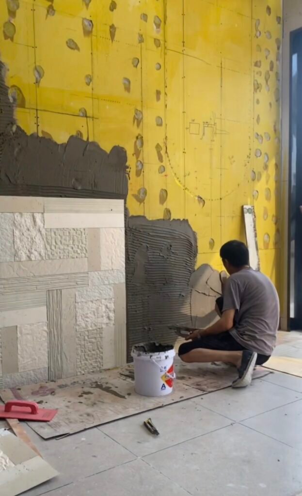 Step-by-step installation of soft stone panels for a modern feature wall