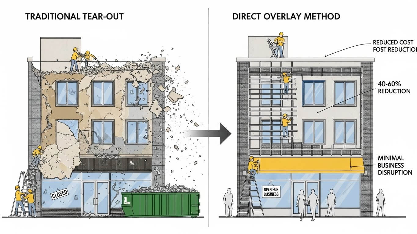 Retrofit facade finished by direct overlay rather than tear-out